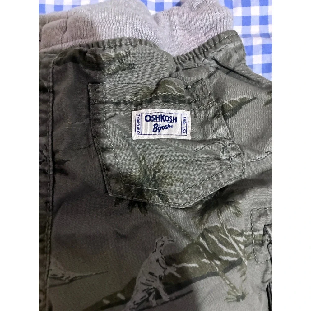 OshKosh Bgosh Cargo Shorts Boys 18M Olive Green Dinosaur Palm Tree Outdoor Sport